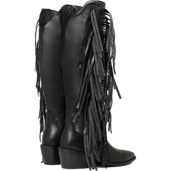 Women Black Synthetic Fringe Tassels Pointed Toe Knee High Western Cowgirl Boots - Picture 4 of 7